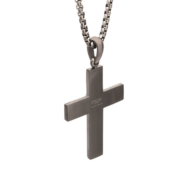 Inox Stainless Steel 24-inch Cross Pendant with Whiskey Barrel Wood Inlay and Lab Grown Diamond Accent