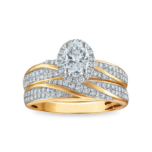 EcoLove 1-1/2 CTW Lab Grown Oval Diamond Halo Wedding Trio Set in 10KT Yellow Gold
