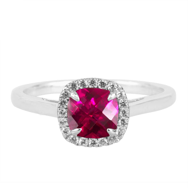 6MM Cushion Ruby and White Sapphire Birthstone Halo Ring in Sterling Silver