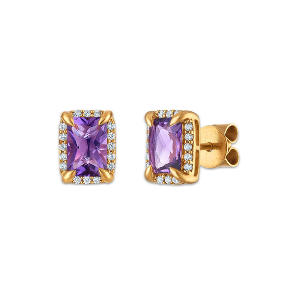 6X4MM Radiant Amethyst and White Sapphire Birthstone Stud Earrings in 18KT Gold Vermeil