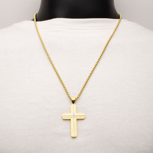 Inox 18KT Gold IP Stainless Steel Lab Grown Diamond Accent 24-inch Cross Pendant