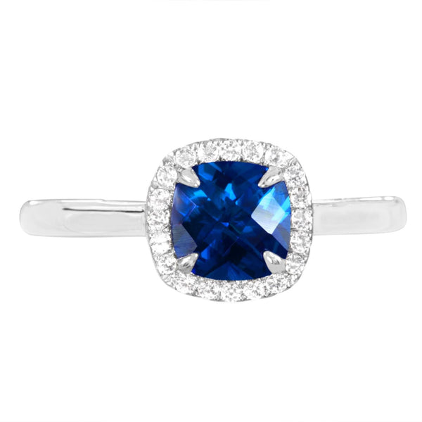 6MM Cushion Blue Sapphire and White Sapphire Birthstone Halo Ring in Sterling Silver
