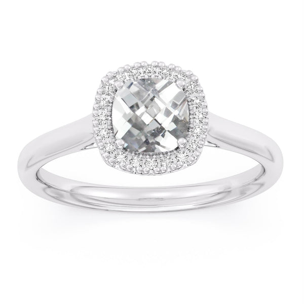 6MM Cushion White Sapphire and White Sapphire Birthstone Halo Ring in Sterling Silver