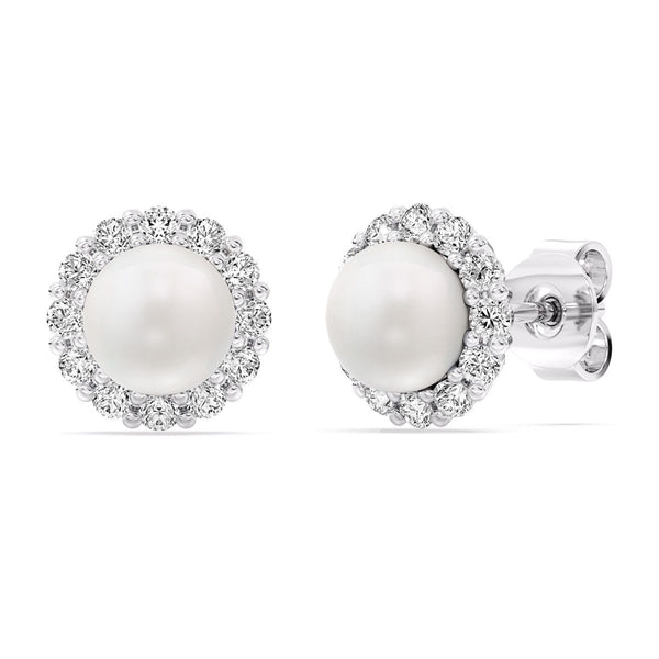 5MM Cushion Pearl and White Sapphire Birthstone Halo Stud Earrings in Sterling Silver