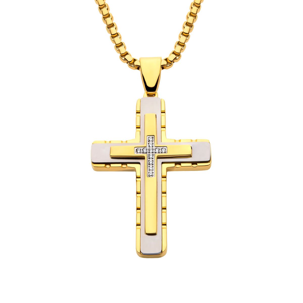 Inox 18KT Gold IP Stainless Steel 1/20 CTW Lab Grown Diamond Accent 24-inch Cross