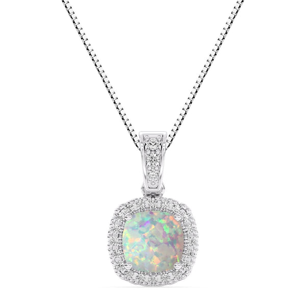 6MM Cushion Opal and White Sapphire Birthstone Halo 18-inch Pendant in Sterling Silver