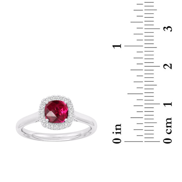 6MM Cushion Ruby and White Sapphire Birthstone Halo Ring in Sterling Silver