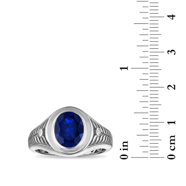 10X8MM Oval Blue Sapphire and Diamond Fashion Ring in Sterling Silver