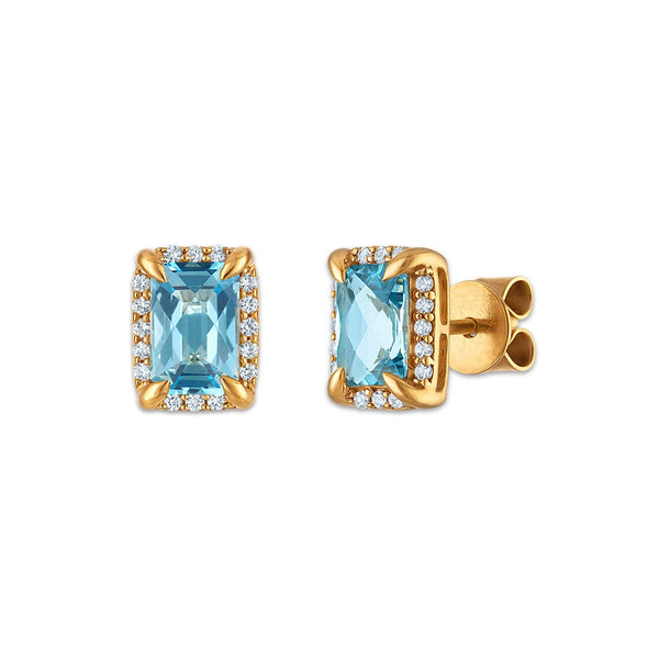 6X4MM Radiant Swiss Blue Topaz and White Sapphire Birthstone Stud Earrings in 18KT Gold Vermeil