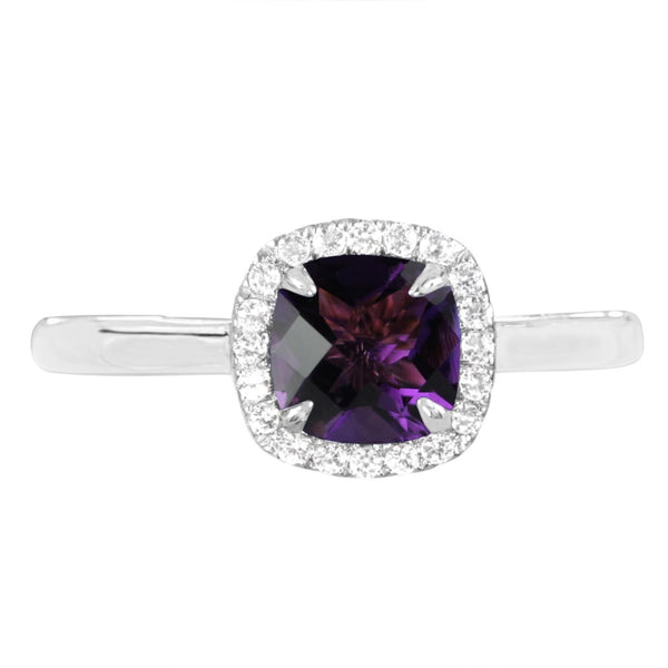Cushion Amethyst and White Sapphire Birthstone Halo Ring in Sterling Silver