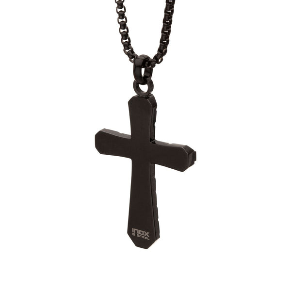 Inox Stainless Steel Black Carbon Graphite 24-inch Sepulchre Cross Pendant