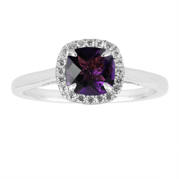 Cushion Amethyst and White Sapphire Birthstone Halo Ring in Sterling Silver