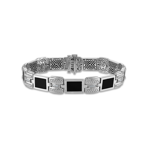1/10 CTW Diamond and Black Onyx Link 8.5" Bracelet in Rhodium Plated Sterling Silver