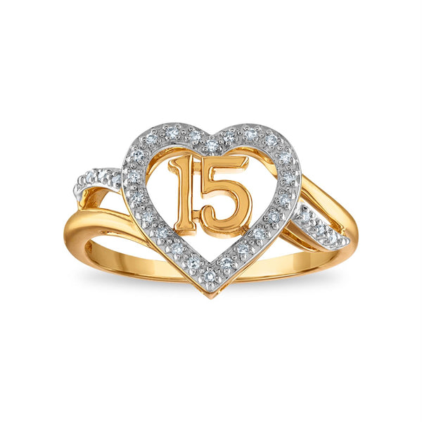 1/12 CTW Diamond Quinceanera Heart "15" Ring in 10KT Yellow Gold