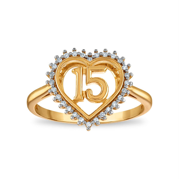 1/12 CTW Diamond Quinceanera Heart "15" Ring in 10KT Yellow Gold