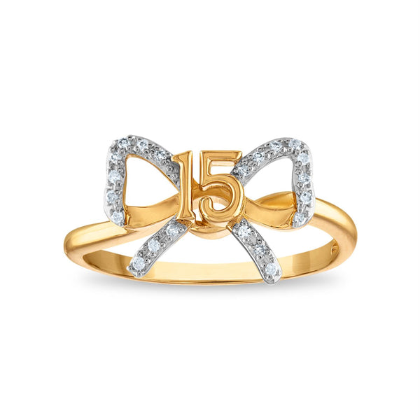 1/16 CTW Diamond Quinceanera Bow "15" Ring in 10KT Yellow Gold