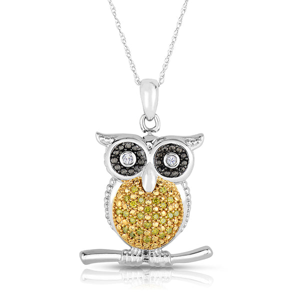 1/8 CTW Diamond Owl 18" Pendant in Sterling Silver