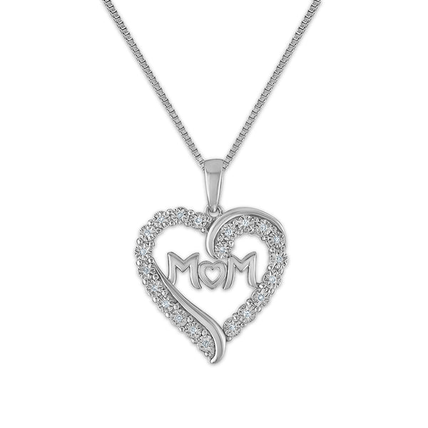1/10 CTW Diamond Heart Mom 18" Pendant in Rhodium Plated Sterling Silver
