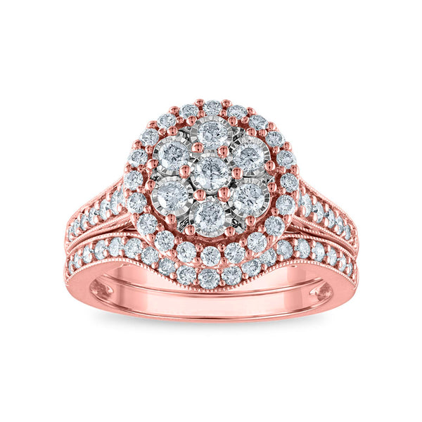 1 CTW Diamond Cluster Bridal Set Ring in 10KT Rose Gold
