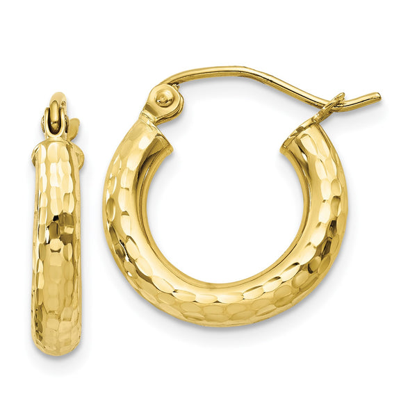 10KT Yellow Gold 10X3MM Diamond-cut Hoop Earrings