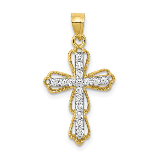 10KT Yellow Gold Cubic Zirconia 25X16MM Filigree Cross Pendant-Chain Not Included