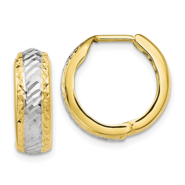10KT Yellow Gold With Rhodium Plating 16X21MM Diamond-cut Hoop Earrings