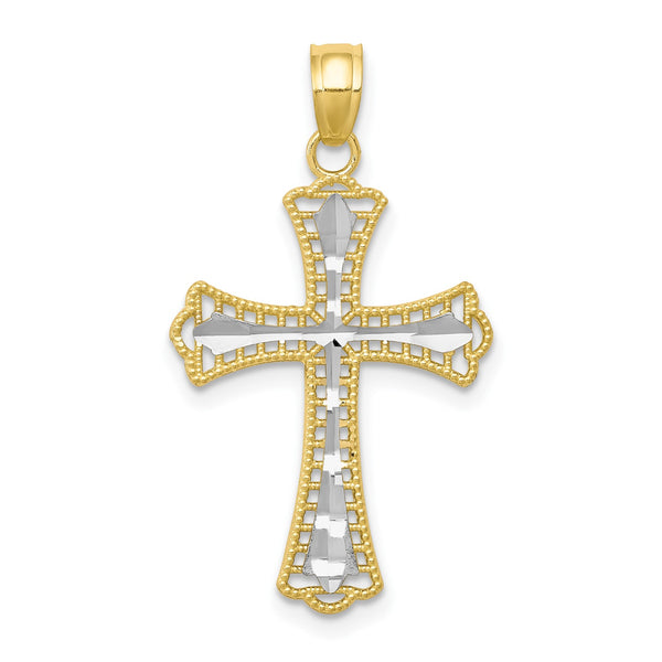 10KT Yellow Gold With Rhodium Plating 30X16MM Diamond-cut Cross Pendant-Chain Not Included
