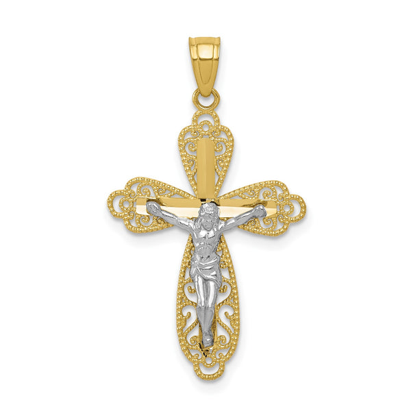 10KT Yellow Gold With Rhodium Plating 30X16MM Filigree Crucifix Cross Pendant-Chain Not Included