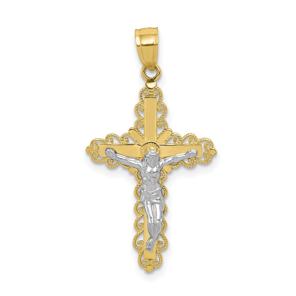 10KT Yellow Gold With Rhodium Plating 30X16MM Filigree Crucifix Cross Pendant-Chain Not Included