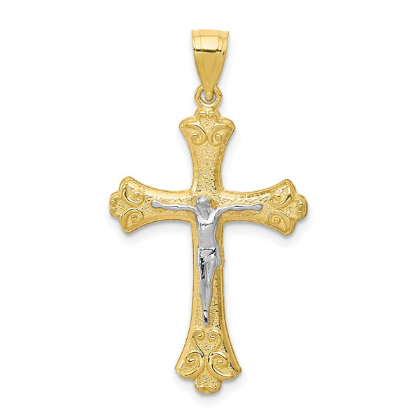 10KT Yellow Gold With Rhodium Plating 35X21MM Fleur De Lis Crucifix Cross Pendant-Chain Not Included