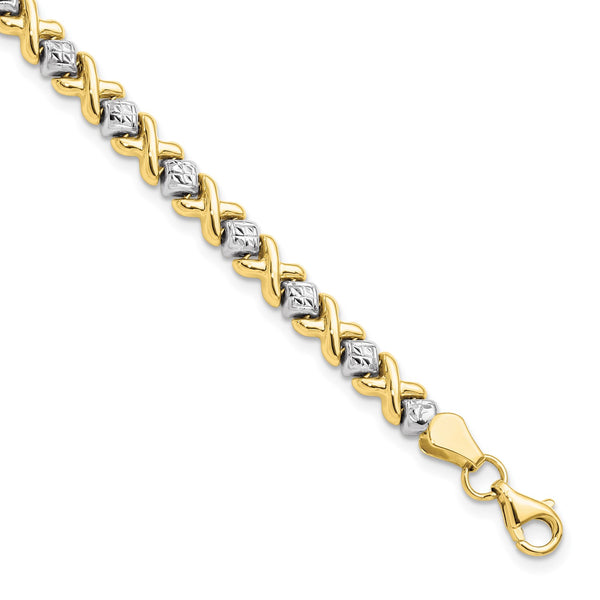 10KT Yellow Gold With Rhodium Plating 7" 5MM Fancy Diamond-cut Lobster Clasp Bracelet