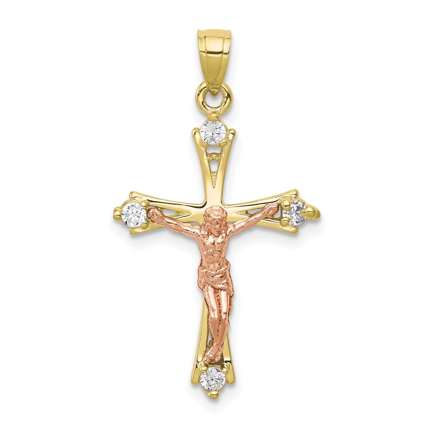 10KT Yellow and Rose Gold Cubic Zirconia 30X16MM Crucifix Cross Pendant. Chain Not Included