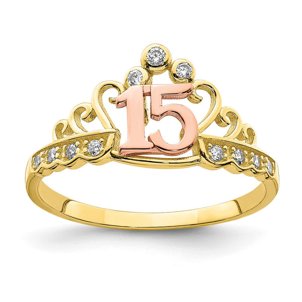 10KT Yellow and Rose Gold Cubic Zirconia Quinceanera Tiara Crown Ring; Size 8