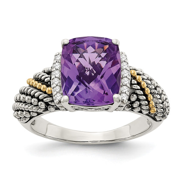 10X8MM Cushion Amethyst and Diamond Ring in Sterling Silver; Size 7