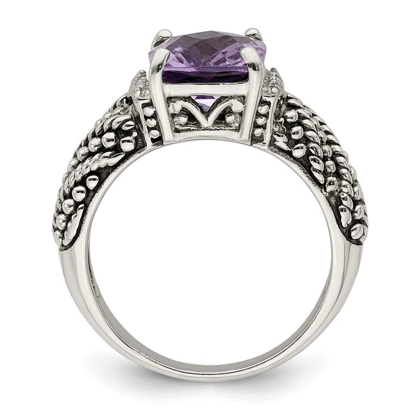 10X8MM Cushion Amethyst and Diamond Ring in Sterling Silver; Size 7