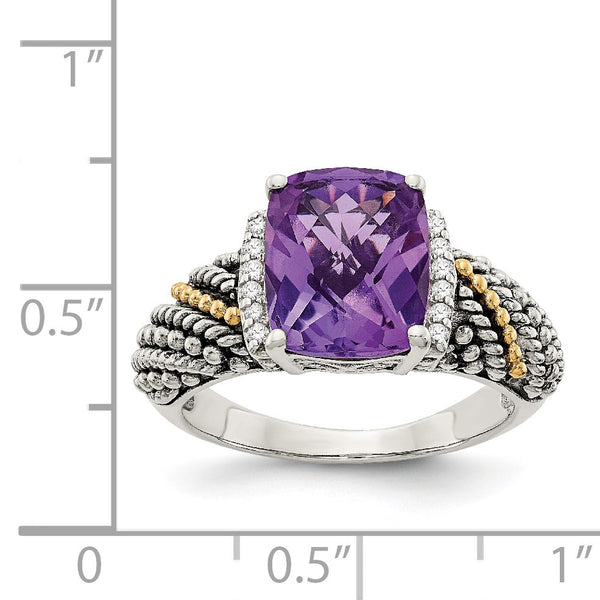 10X8MM Cushion Amethyst and Diamond Ring in Sterling Silver; Size 7