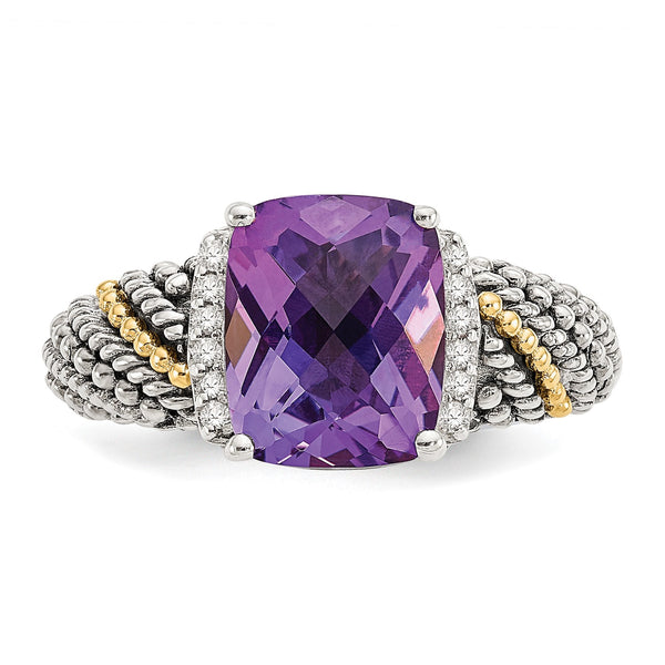 10X8MM Cushion Amethyst and Diamond Ring in Sterling Silver; Size 7