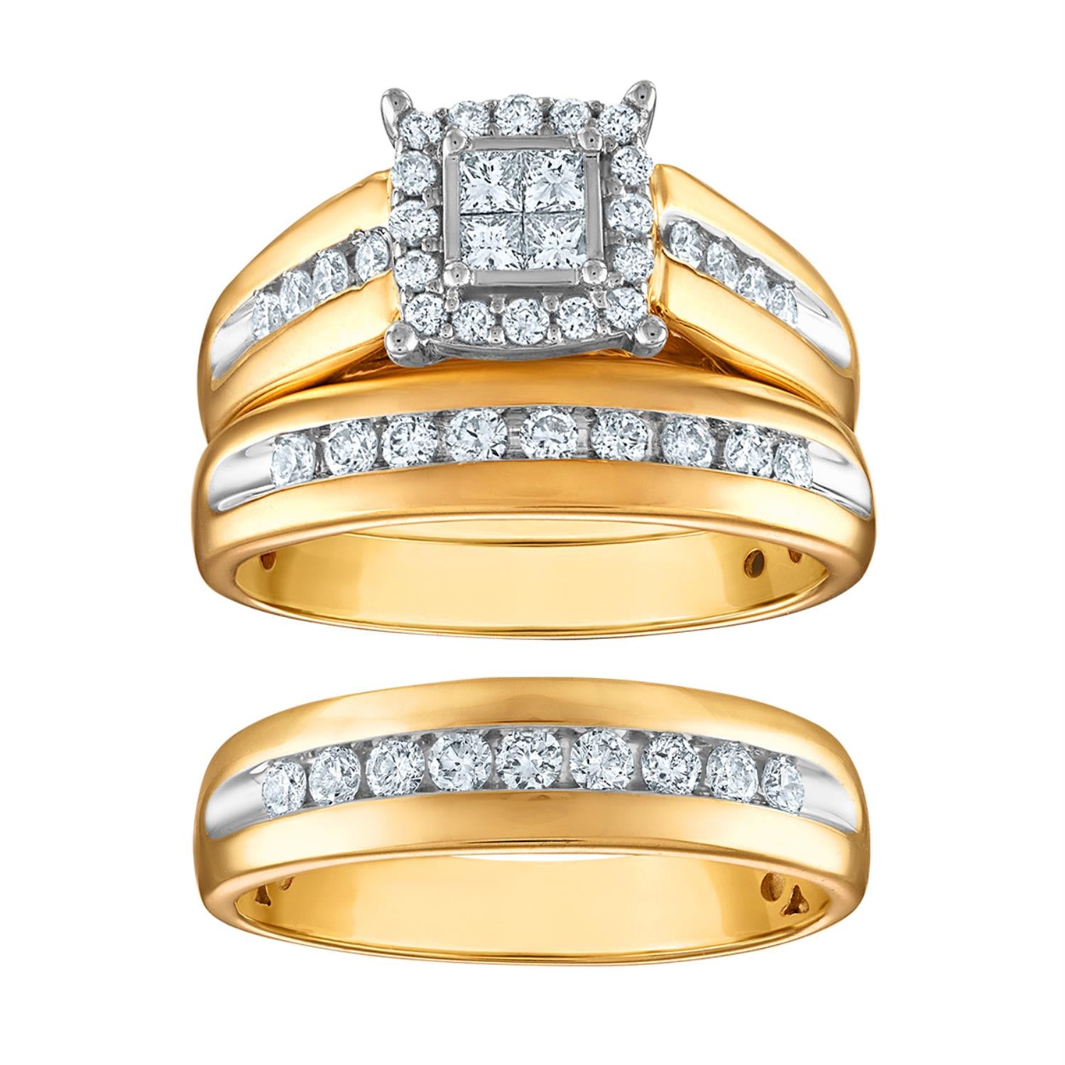 1 CTW Natural Diamond Cushion Shaped Wedding Trio Set in 10KT White and Yellow Gold