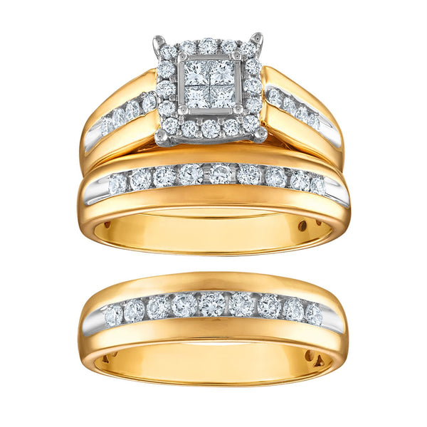 1 CTW Diamond Cushion Shaped Wedding Trio Set in 10KT White and Yellow Gold