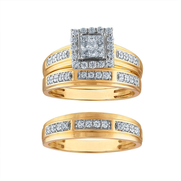 3/4 CTW Diamond Halo Wedding Trio Set in 10KT Yellow Gold