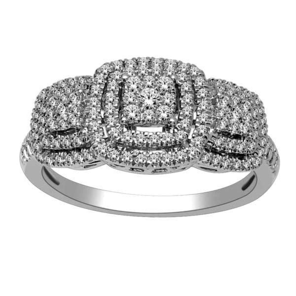 1/2 CTW Diamond Three Stone Cluster Halo Ring in 10KT White Gold