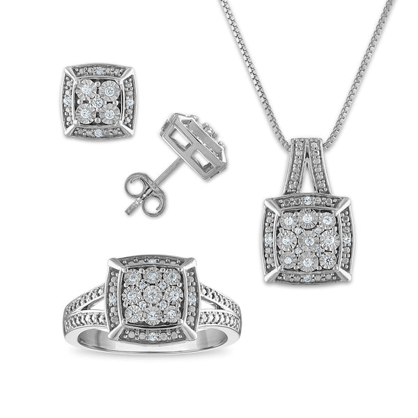 1/2 CTW Diamond Ring Pendant Earrings Box Set in Sterling Silver