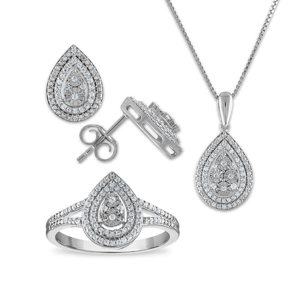 1/2 CTW Diamond Ring Pendant Earrings Box Set in Sterling Silver