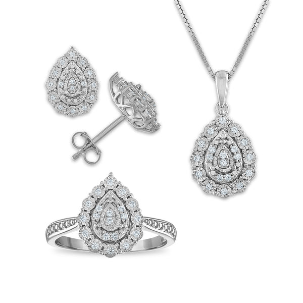 1/3 CTW Diamond Halo Ring Pendant Earrings Set in Sterling Silver