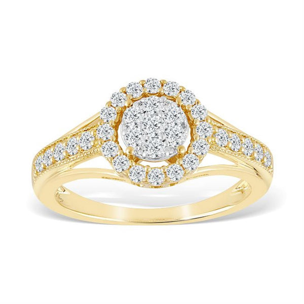 Red Hot Deal 5/8 CTW Diamond Halo Ring in 10KT Yellow Gold