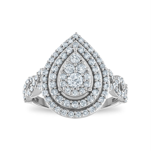 1 CTW Diamond Cluster Halo Pear Shaped Ring in 10KT White Gold