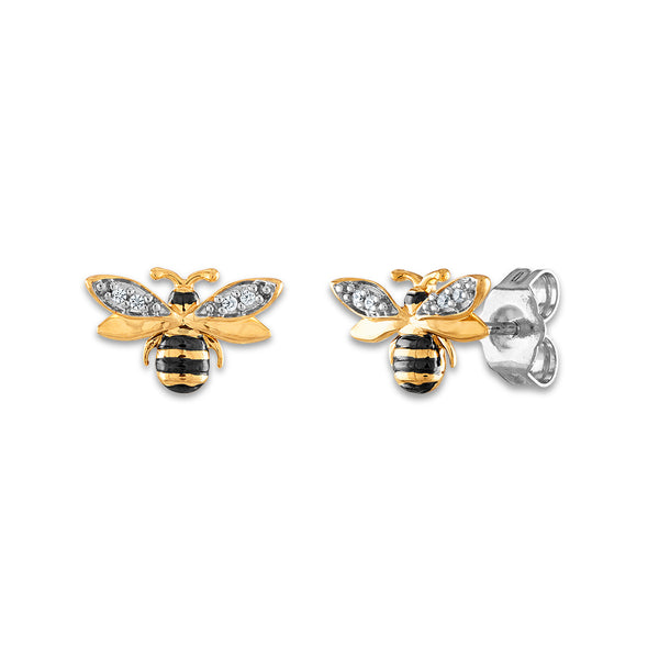 1/50 CTW Diamond Stud Honey Bee Earrings in Gold Plated Sterling Silver