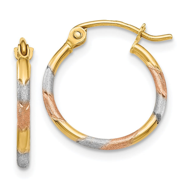 14KT Gold Tri-Color 14X1.5MM Diamond-cut Hoop Earrings