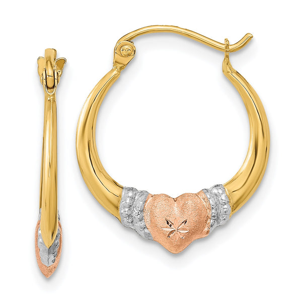 14KT Gold Tri-Color 17X2.5MM Heart Hoop Earrings
