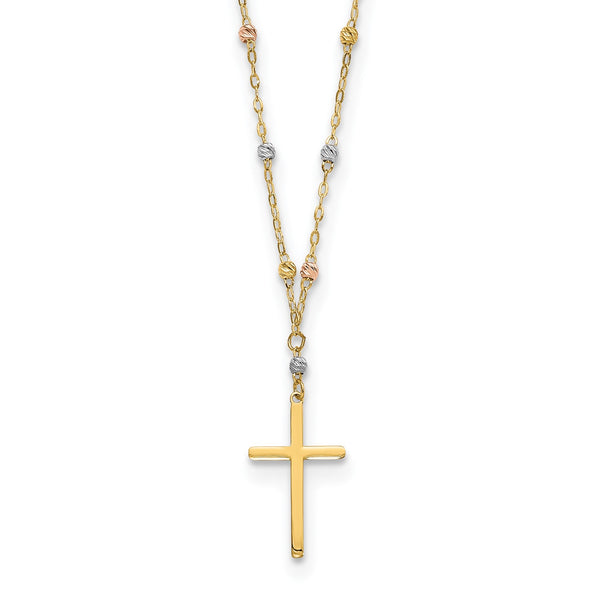 14KT Gold Tri-Color 17" Diamond-cut Beaded Cross Necklace